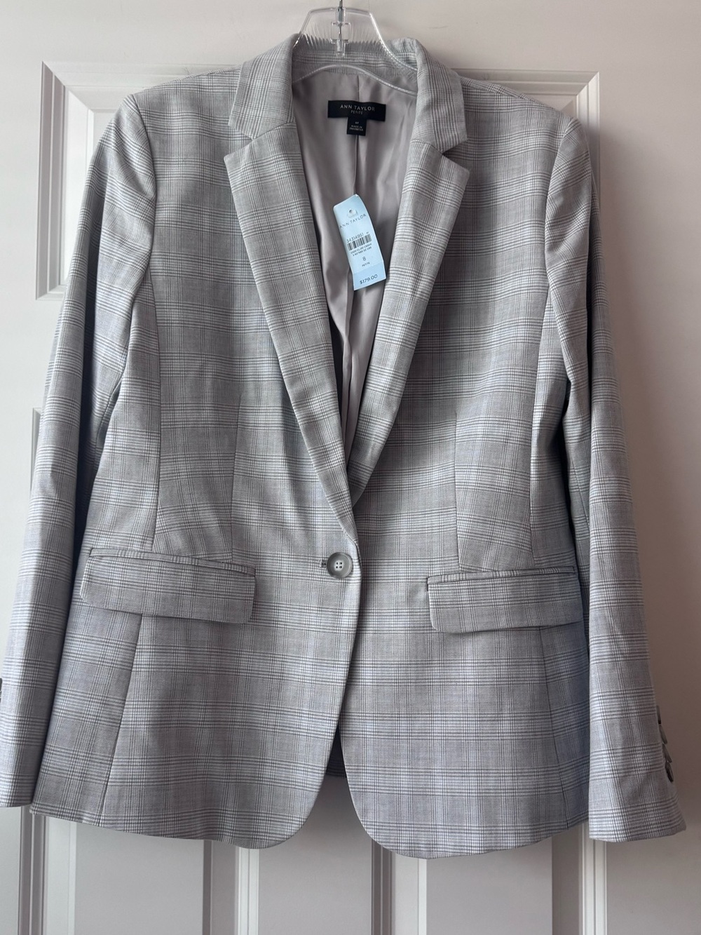🔖 NWT! Ann Taylor Light Gray Glen Plaid Blazer | Size 8P